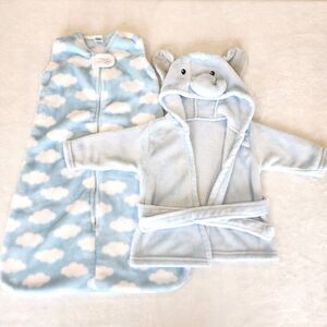 Hudson Baby Boy Blue Fleece Sleep Sack & Hooded Bathrobe Bundle Size 0-9 Months